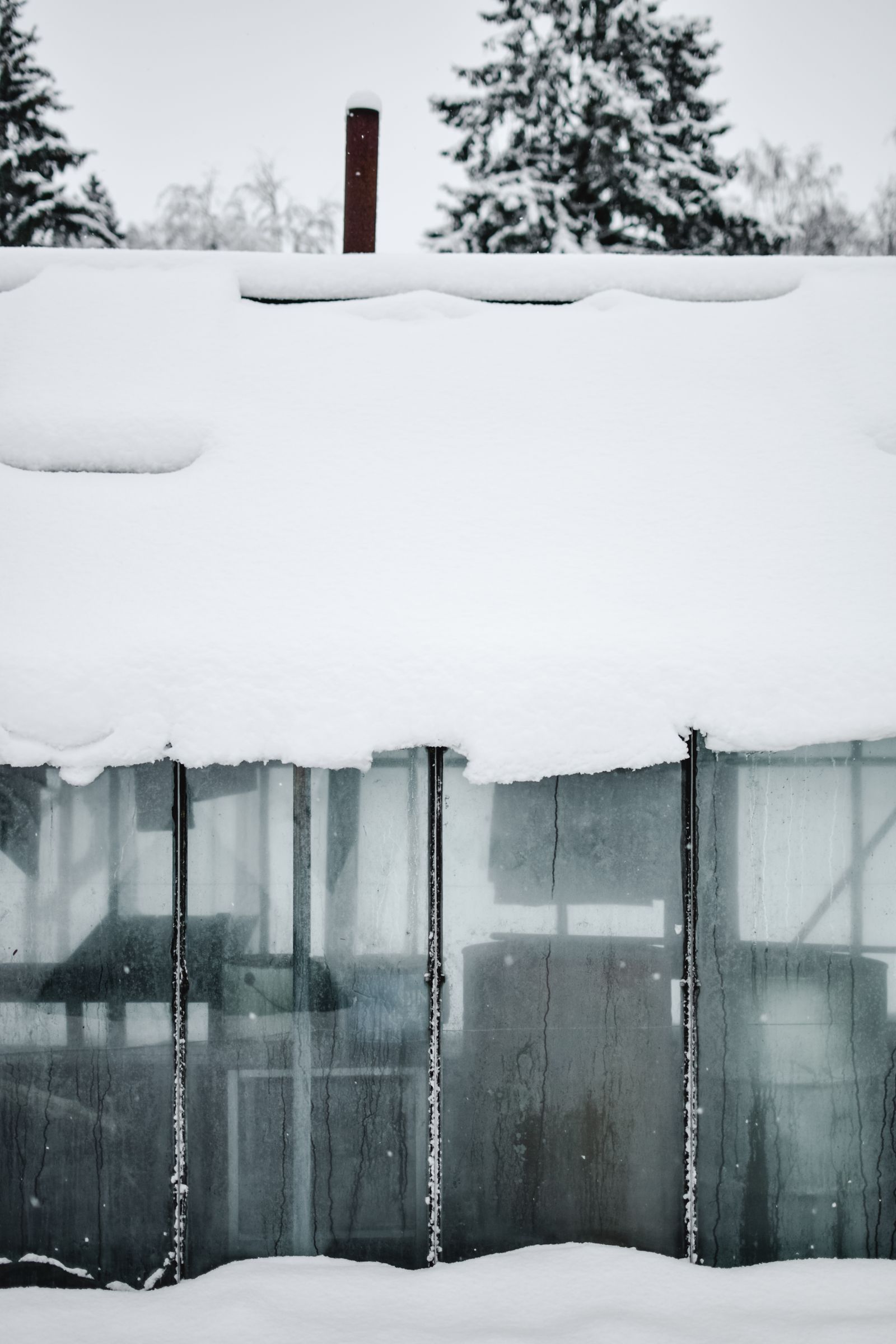 A glass greenhouse covered in heavy snow surrounded by a winter garden landscape