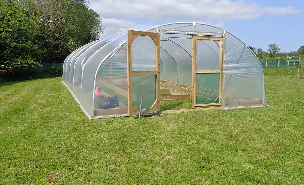 Newly completed galvanized steel polytunnel structure with white poly film cover installed, showing the hoop frame and ground stakes in a garden setting